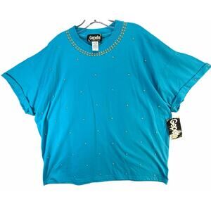 Vintage Gepetto T Shirt Top Womens 3X Blue Studded Embellished Retro Boxy Casual